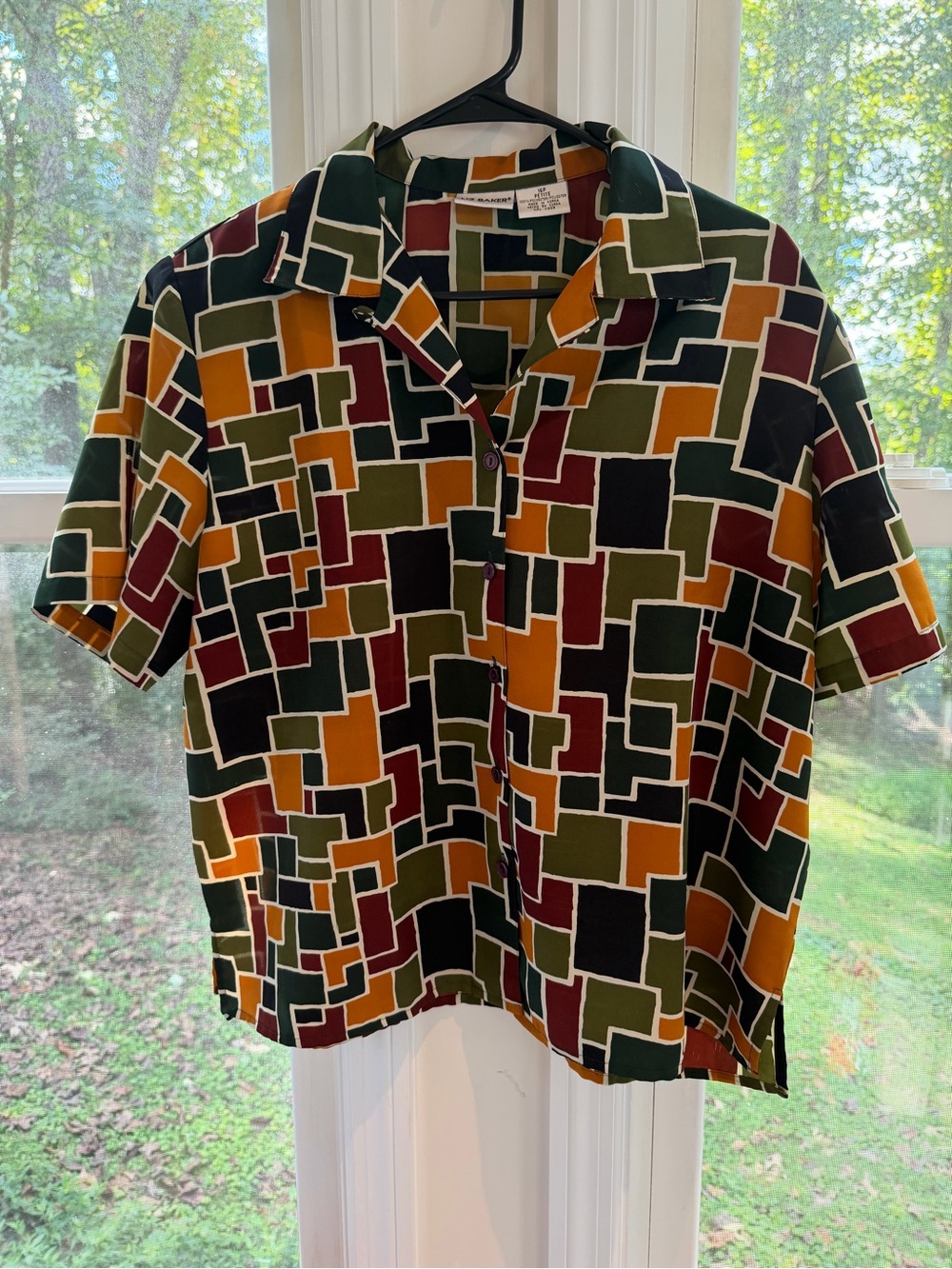 Vintage Geometric Short-Sleeve Shirt - Olive, Mustard & Burgundy color block